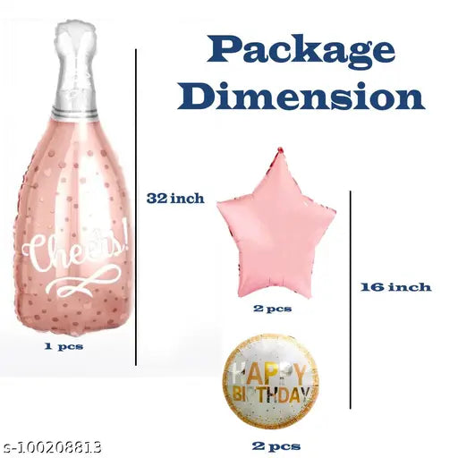 Cheers Rose Gold Birthday Helium Inflatable Foil Balloon Set – 5 Pieces (Cheer Bottle & Stars) for party decoration