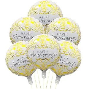 Happy Anniversary Round Foil Balloons Pack Of 7 Pcs| Golden and White theme