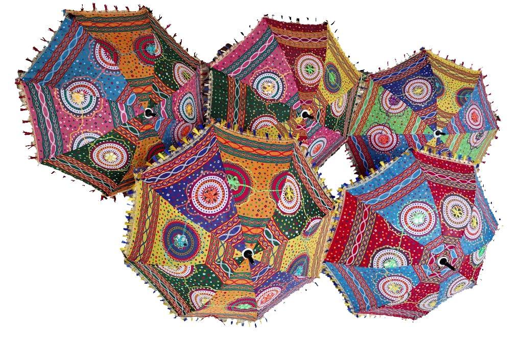 Sun Protection Handmade Rajasthani Umbrella Handicraft Walking Stick for Haldi, Mehndi, Navratri, Party Decorations - The Party Store