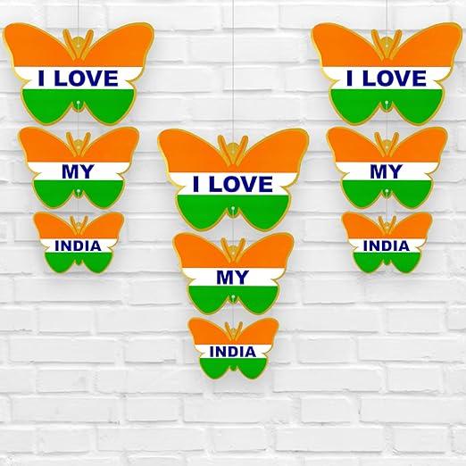 Tricolor "I Love My India" Hanging Butterfly Decoration Item (Pack of 9) - The Party Store
