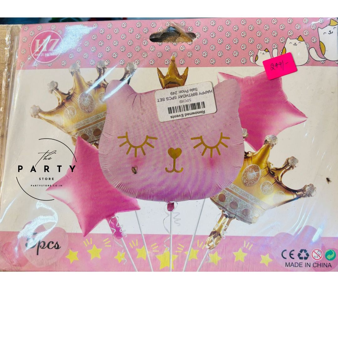 Cat Mylar Balloon Star & Round Foil Balloon Combo 5Pc Kids Birthday Party