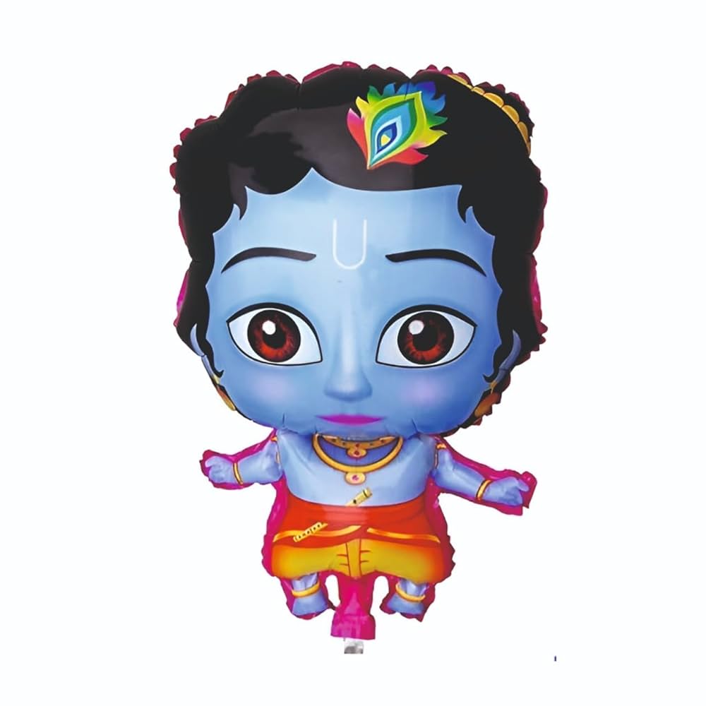 Baby Krishna cartoon-style foil balloon in blue and red colors, designed for helium or air inflation, perfect for Janmashtami and kids’ party decoration.
