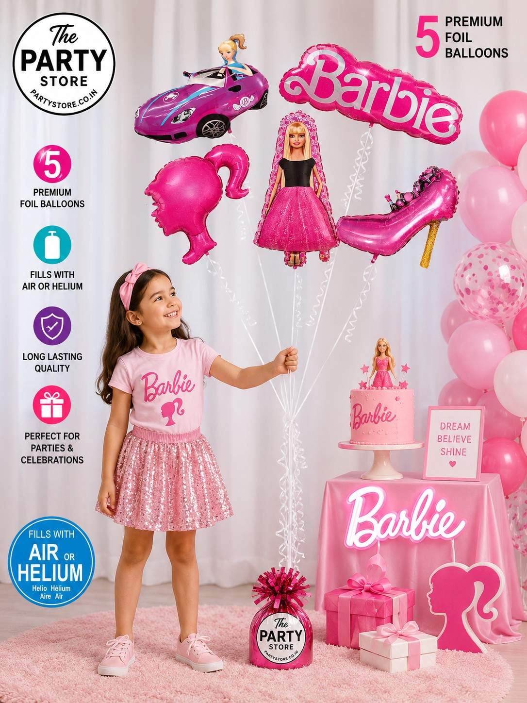 Barbie Foil Balloons Set of 5 | Helium Barbie Theme Balloons for Birthday Party | The Party Store