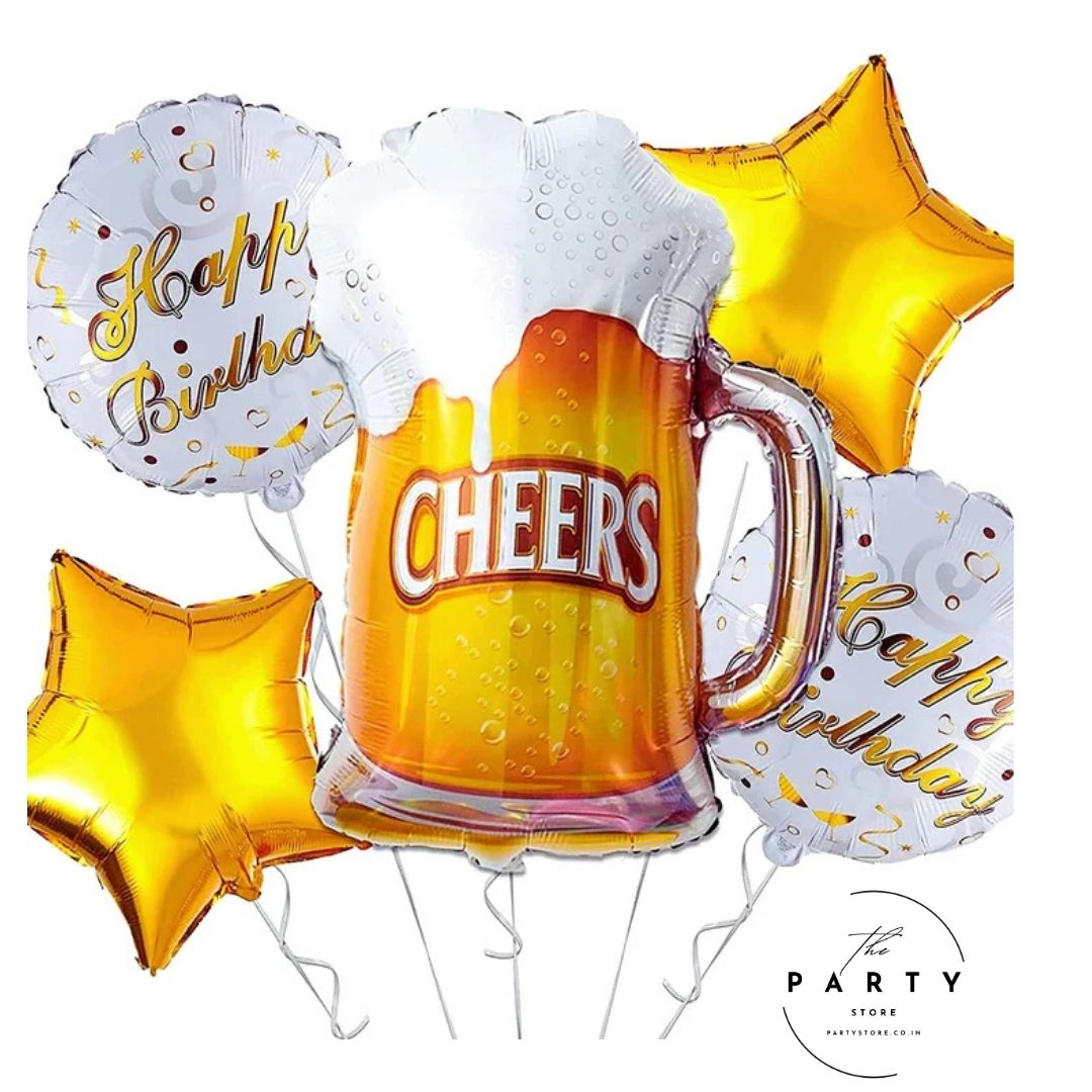 Beer Mug Foil Balloon Pack of 5 Golden Set Party