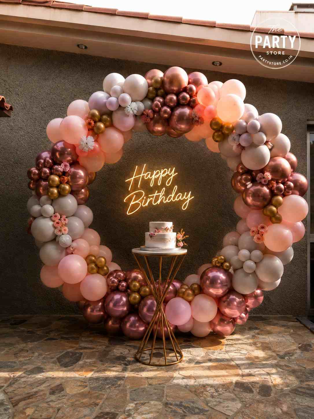 Rose Gold Birthday Decoration with Balloon Arch & Flowers | The Party Store