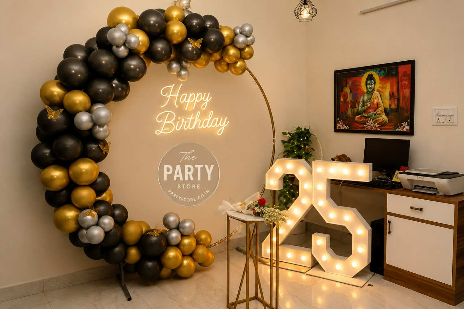 Black & Gold Birthday Decoration with Balloon Arch & LED Numbers | The Party Store