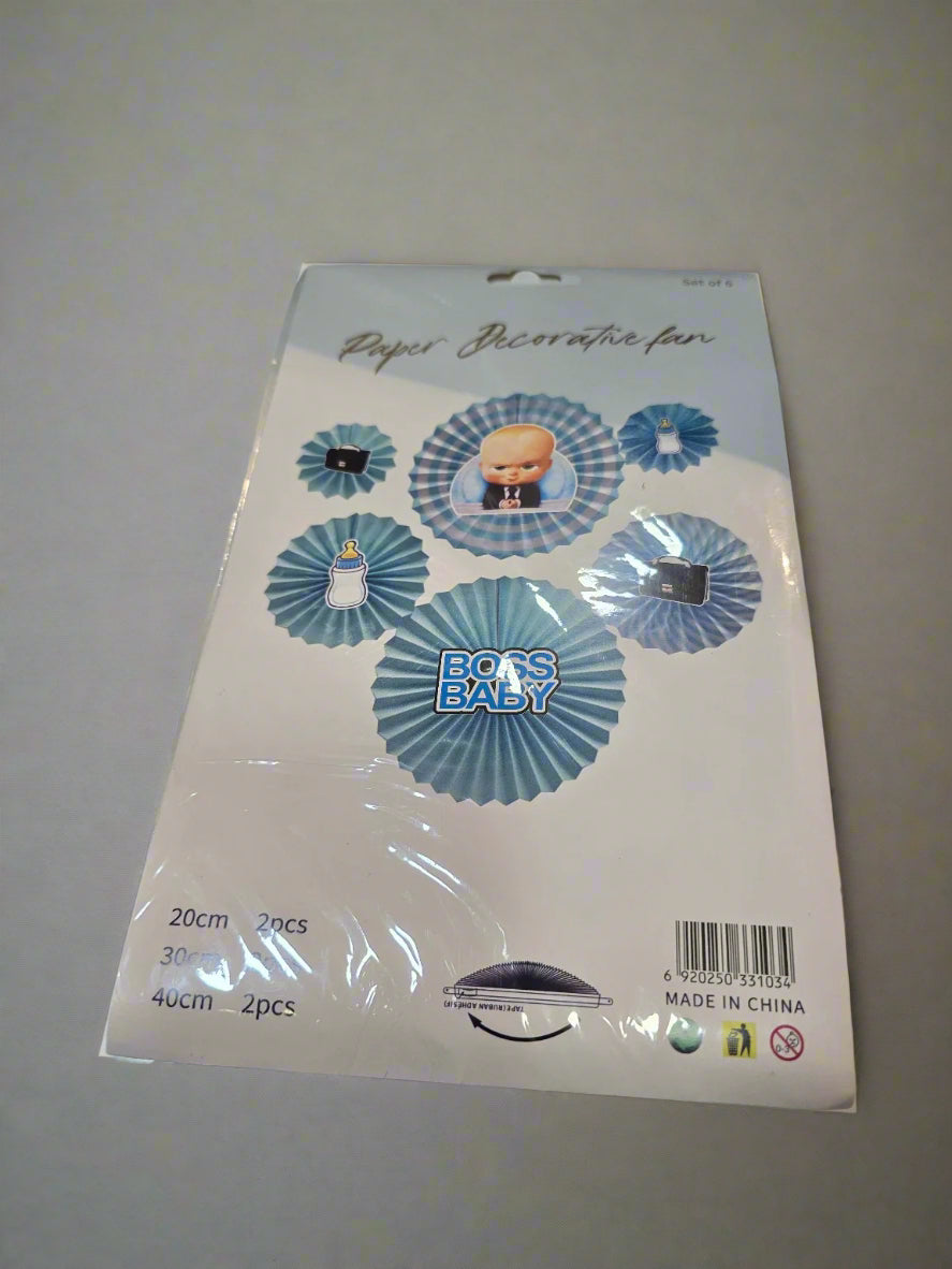 Boss Baby theme paper decorative fan set in blue shades with printed cutouts, displayed as party wall decoration – pack of 6 fans in various sizes."