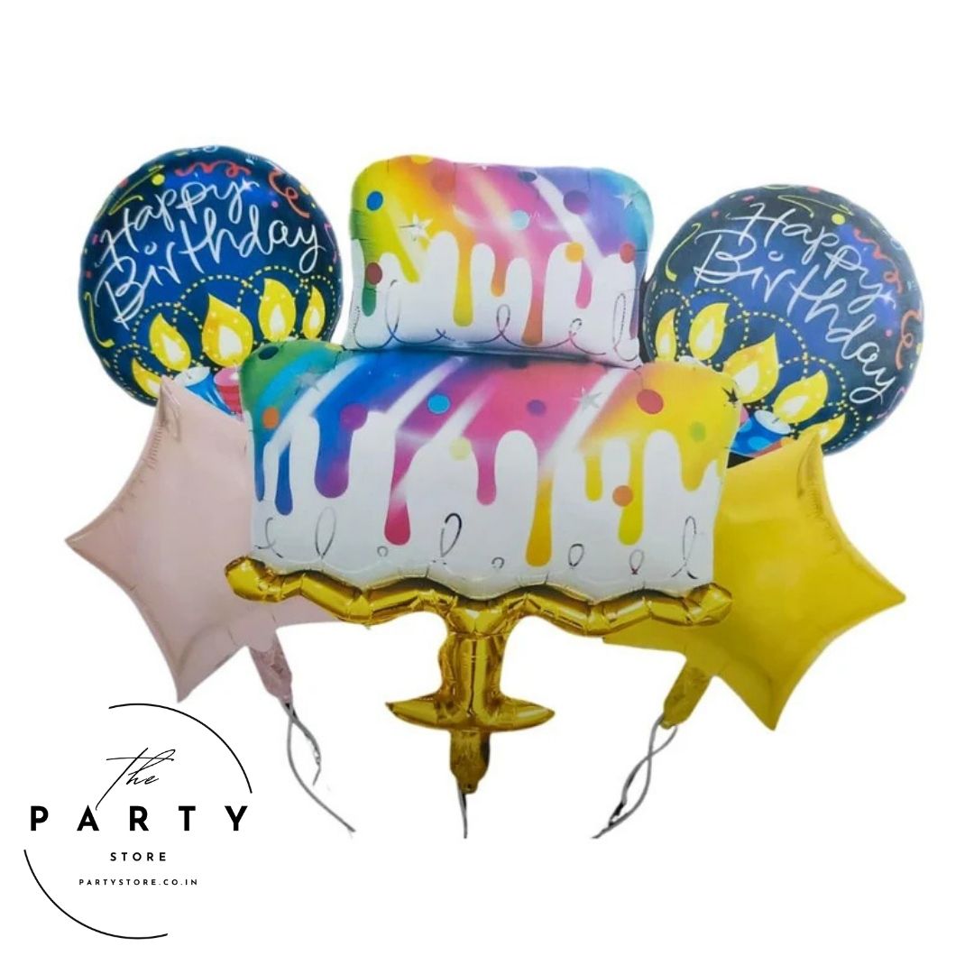 Cake Foil Balloon Happy Birthday Cake Decoration (Pack of 5, Multicolor)