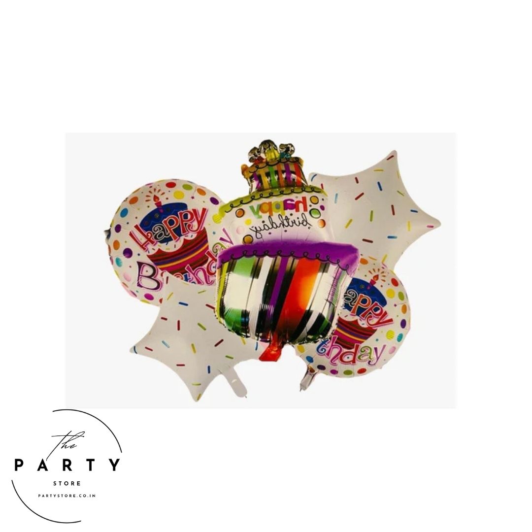 Colorful Cake Theme Happy Birthday foil balloon (Pack of 5 Pcs)