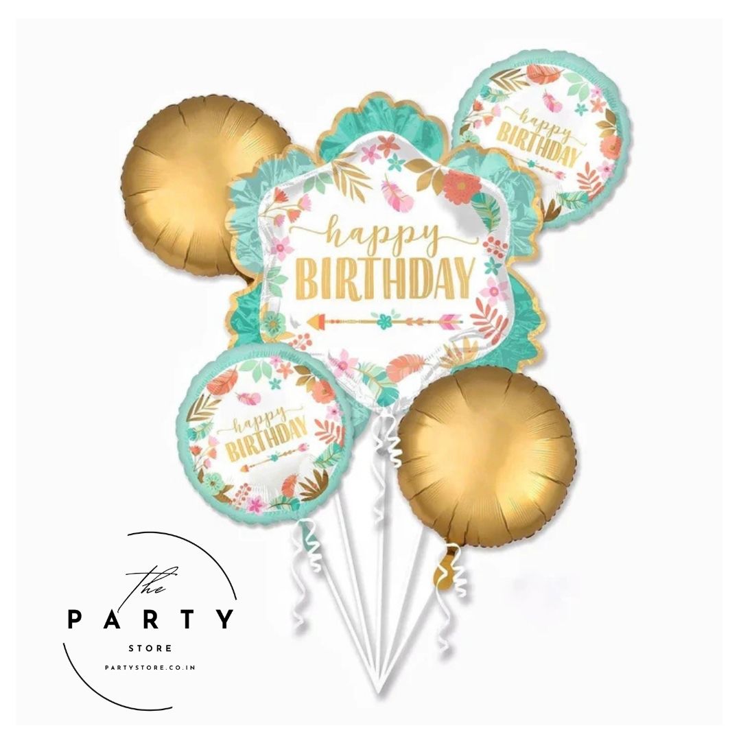 Floral Happy Birthday Foil Balloon, Boho-Theme/Garden Theme Set Of 5 Pcs