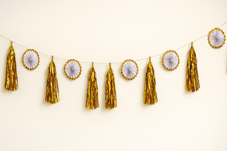 gold tassel and rosette garland for party backdrop decoration
