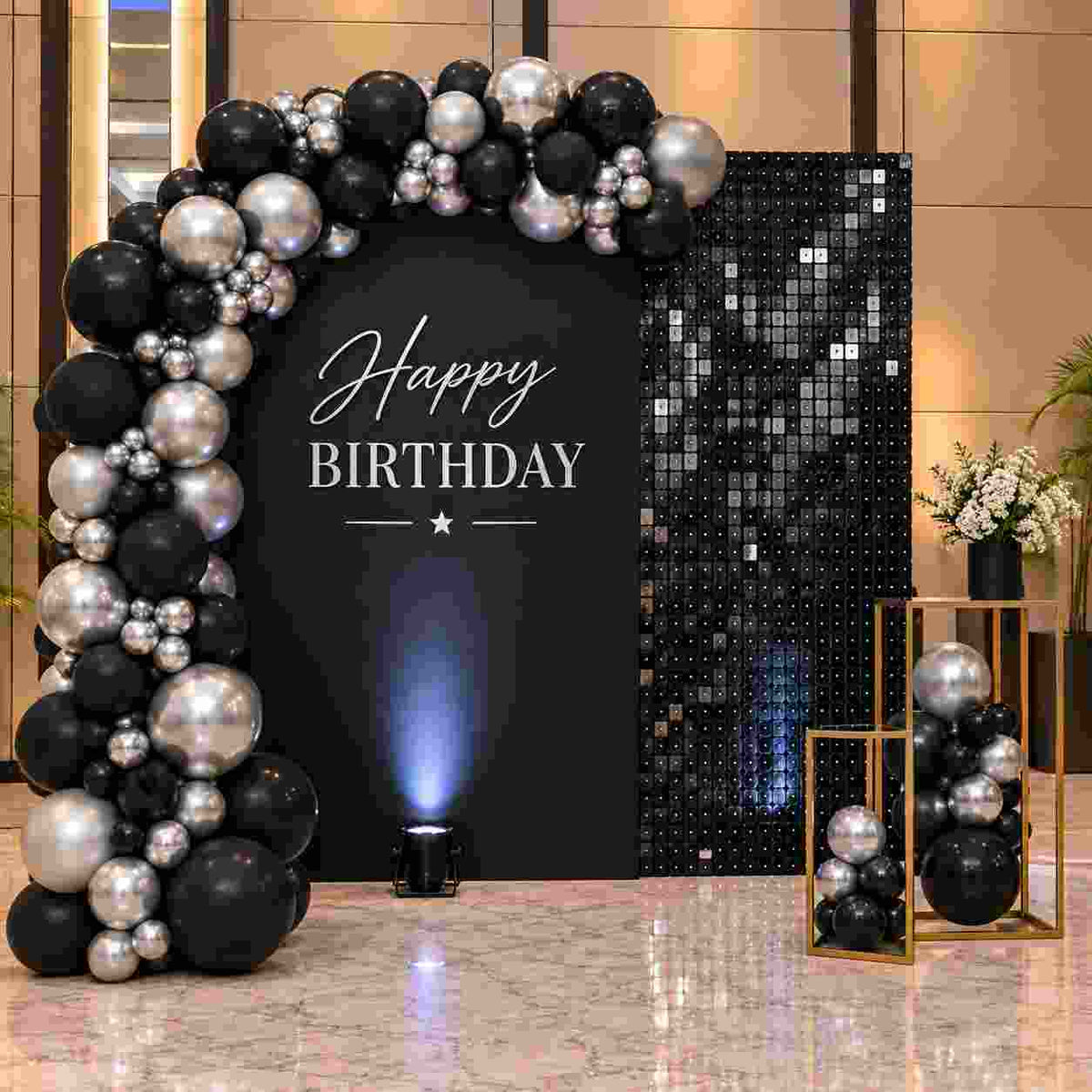 Happy Birthday Balloon Decoration with Balloon Arch & Backdrop