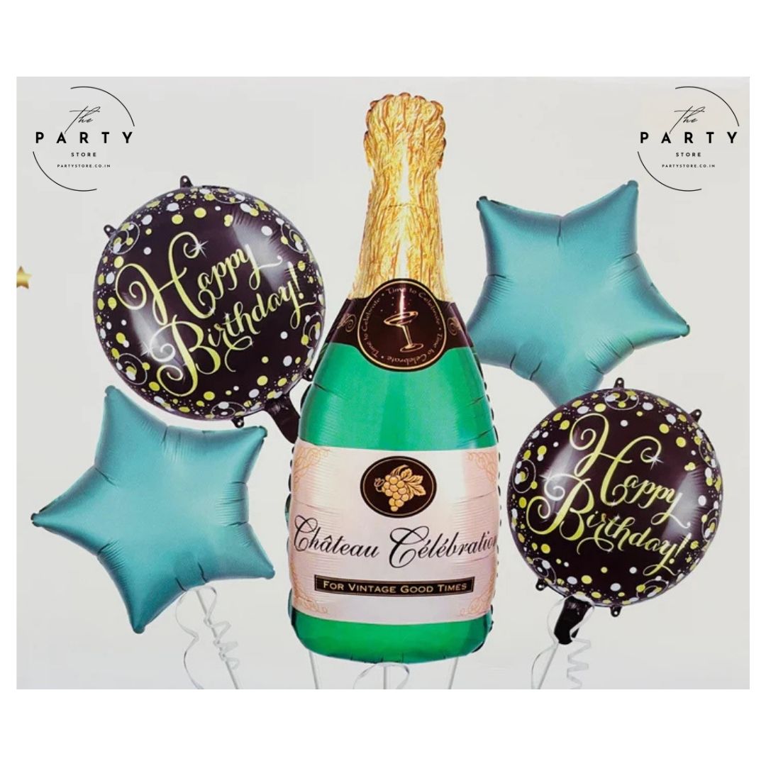 Happy Birthday Decoration Kit Set Of 5 Green Champagne Star Birthday Celebration Foil Balloons