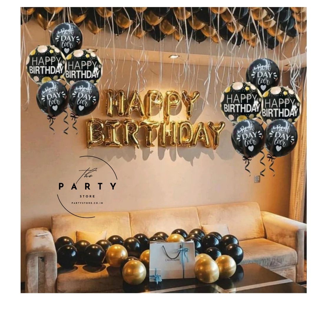 Happy Birthday Printed Foil Balloon with Golden Polka Dot (Pack of 5Pcs)