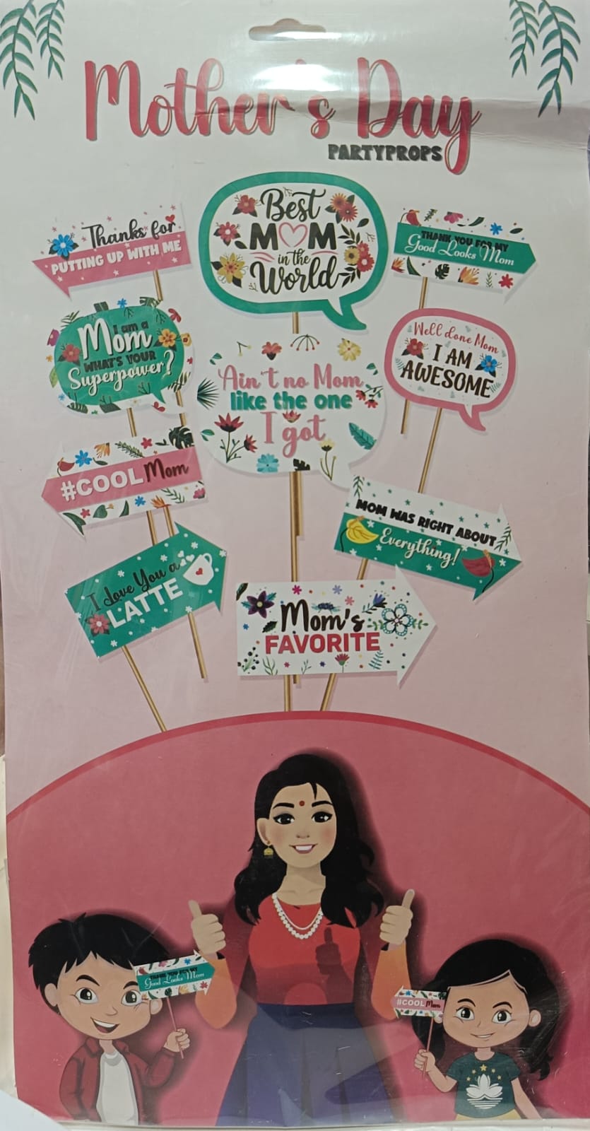 Assorted Mother’s Day photo props including heart-shaped signs, floral crowns, and ‘