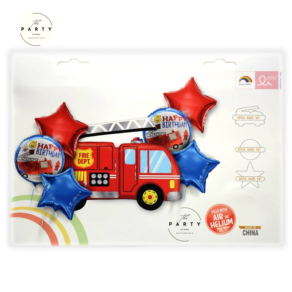 Rescue Fire Brigade Theme fire truck Balloon 7 Pc Rescue Birthday Foil Helium Balloon Bouquet (Multicolor, Pack of 7)