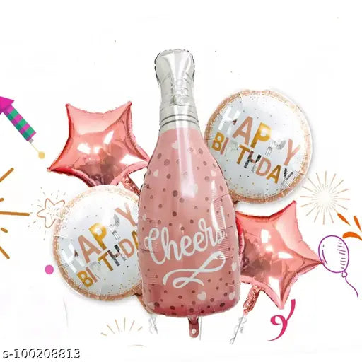Rose gold birthday foil balloon set with a champagne bottle, happy birthday round balloons, and star-shaped balloons for party decoration.