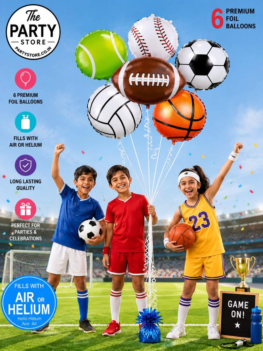 Sports Theme Helium Foil Balloons Set (Pack of 6) | Birthday Party Balloons | The Party Store