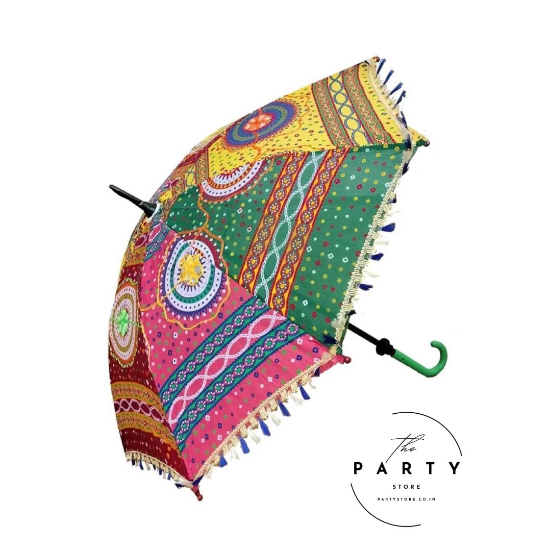Sun Protection Handmade Rajasthani Umbrella Handicraft Walking Stick for Haldi, Mehndi, Navratri, Party Decorations