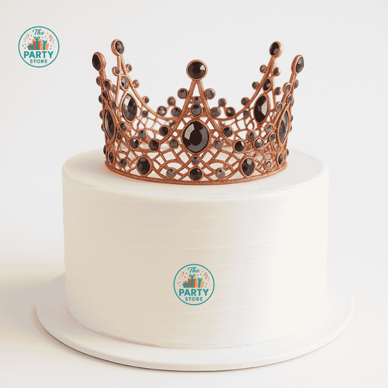 Royal Metal Cake Crown Topper – Rose Gold with Black Stones