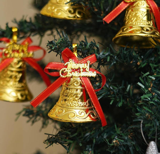 Merry Christmas Bells (Set of 12) Golden Jingle Bells with Red Ribbon