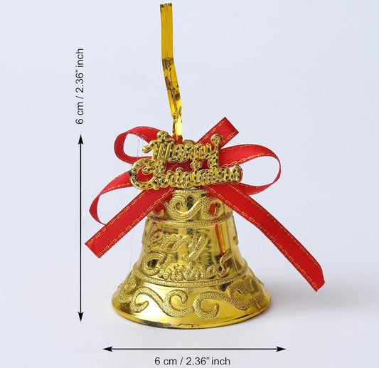 Merry Christmas Bells (Set of 8) Golden Jingle Bells with Red Ribbon