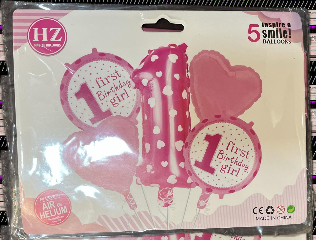 1st Birthday Decoration Items For Baby Girls / Printed Star and Round / Pink Theme Birthday Party Kit (Pack of 5 Pcs)