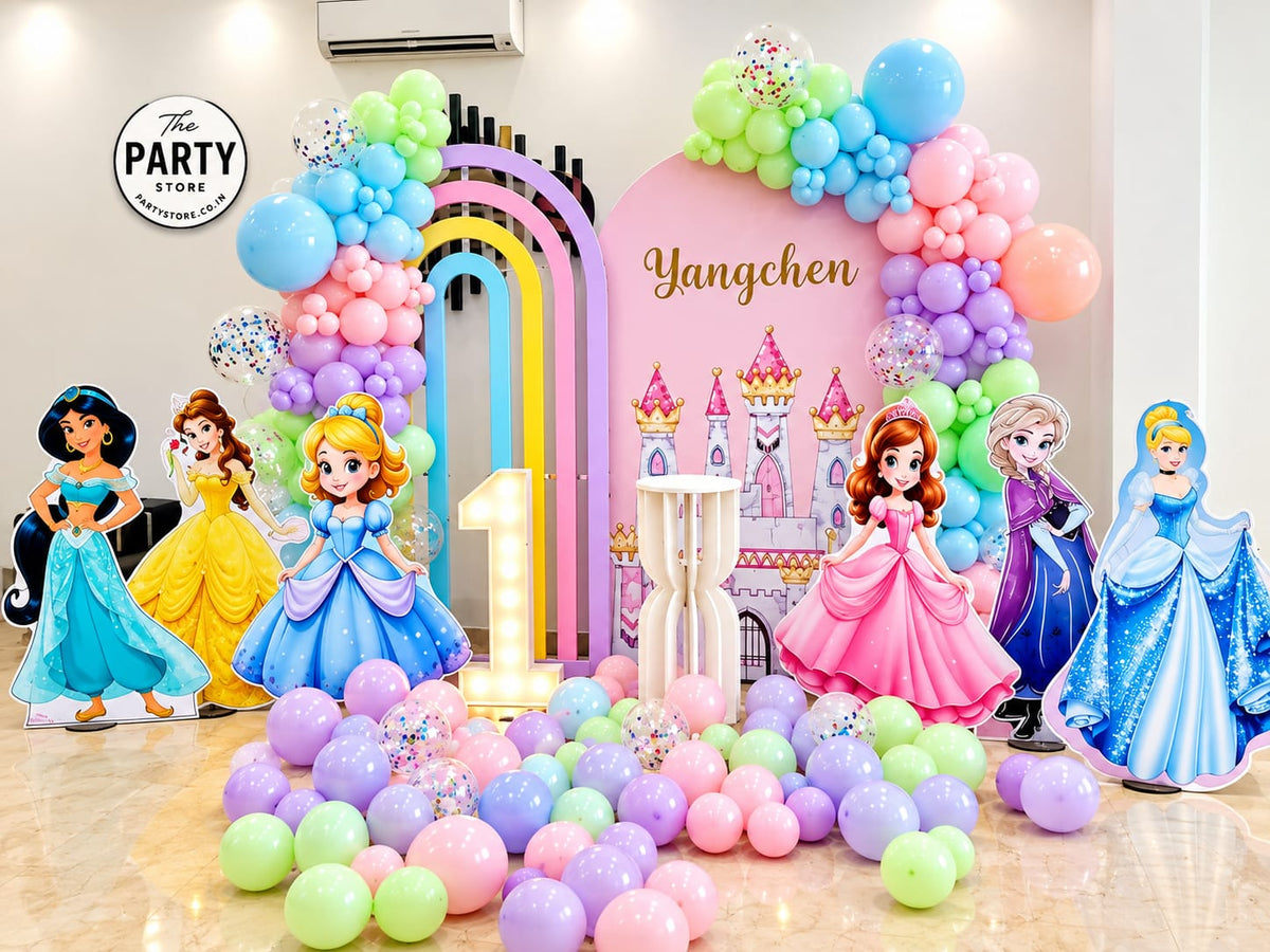 Princess Theme Birthday Decoration with Balloon Garland & Princess Cutouts | The Party Store