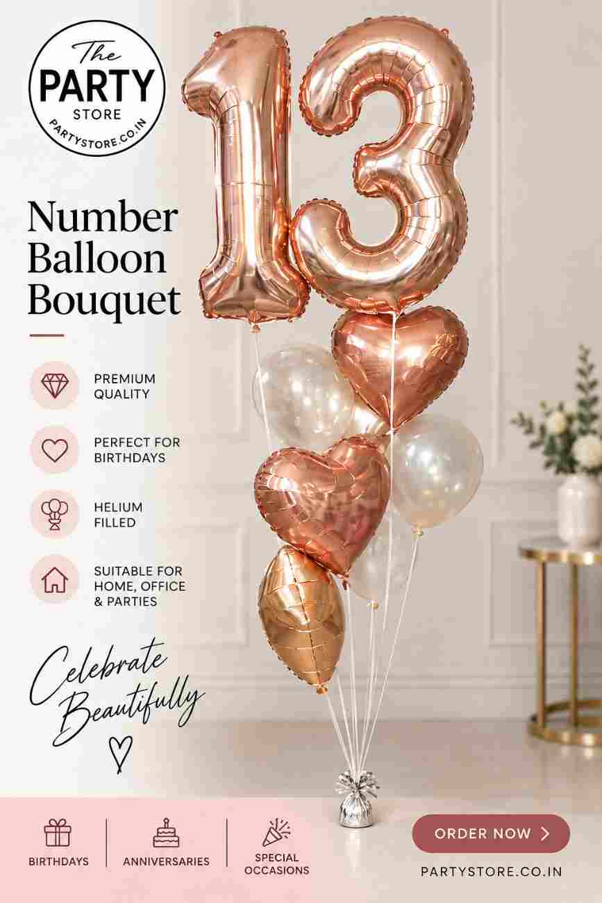 Rose gold number 13 balloon bouquet with heart balloons