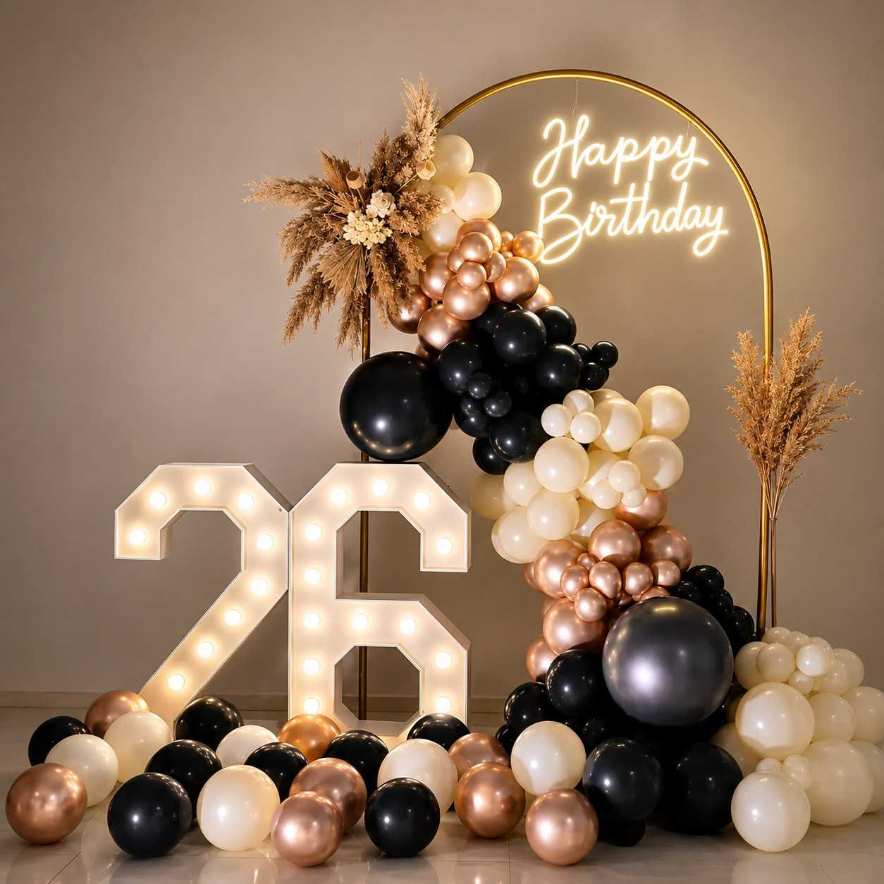 Birthday Decoration with Balloons, Number Lights &amp; Happy Birthday Neon Sign