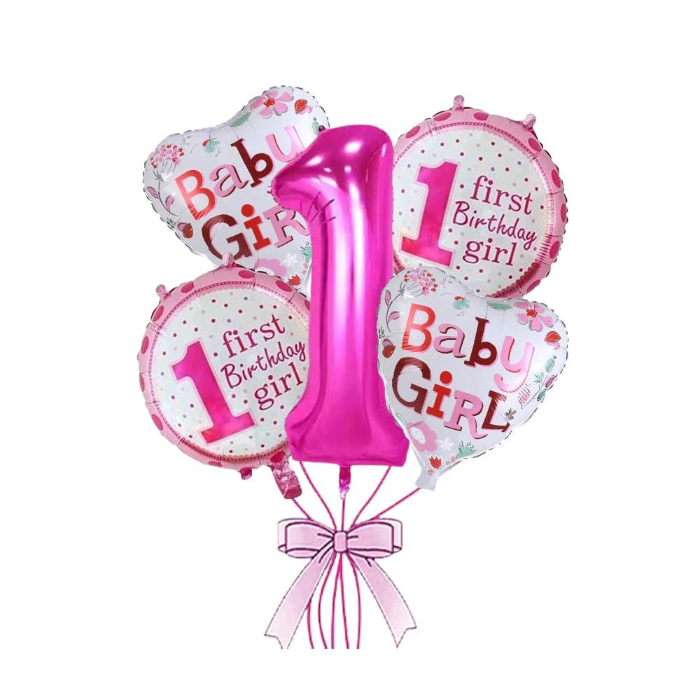 1st Birthday Decoration Items For Baby Girls / Printed Star and Round / Pink Theme Birthday Party Kit (Pack of 5 Pcs) - The Party Store