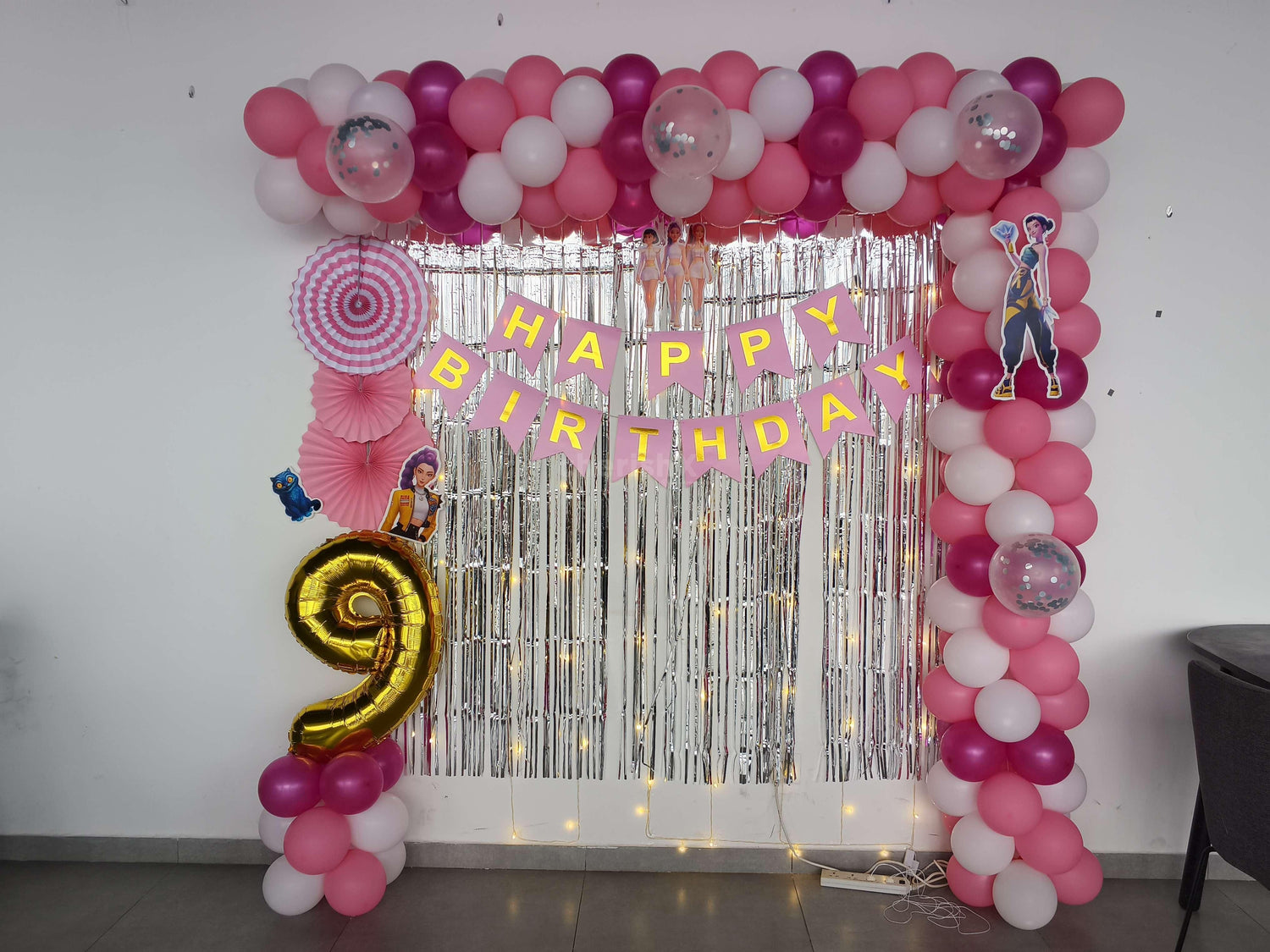 Pink Birthday Decoration with Balloon Arch &amp; Shimmer Curtain