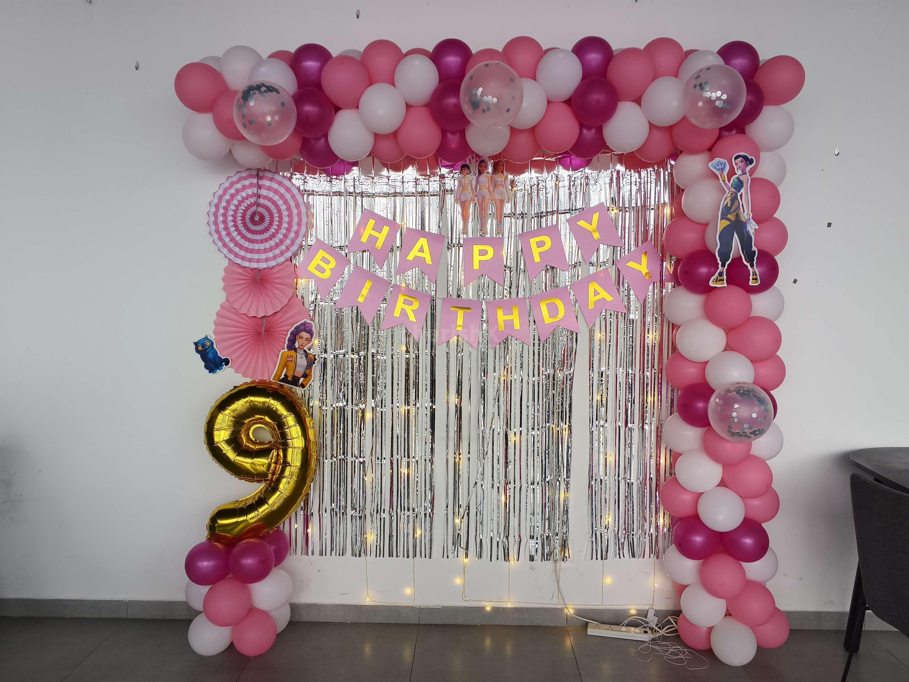 Pink Birthday Decoration with Balloon Arch &amp; Shimmer Curtain