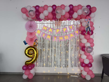 Pink Birthday Decoration with Balloon Arch &amp; Shimmer Curtain
