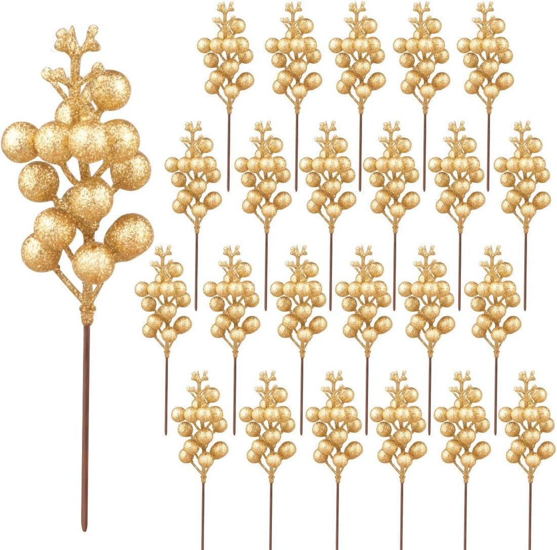Gold Berry Picks for Christmas Tree Glitter Berry Stems for Christmas Trees Holiday Home Decor set of 12 pcs
