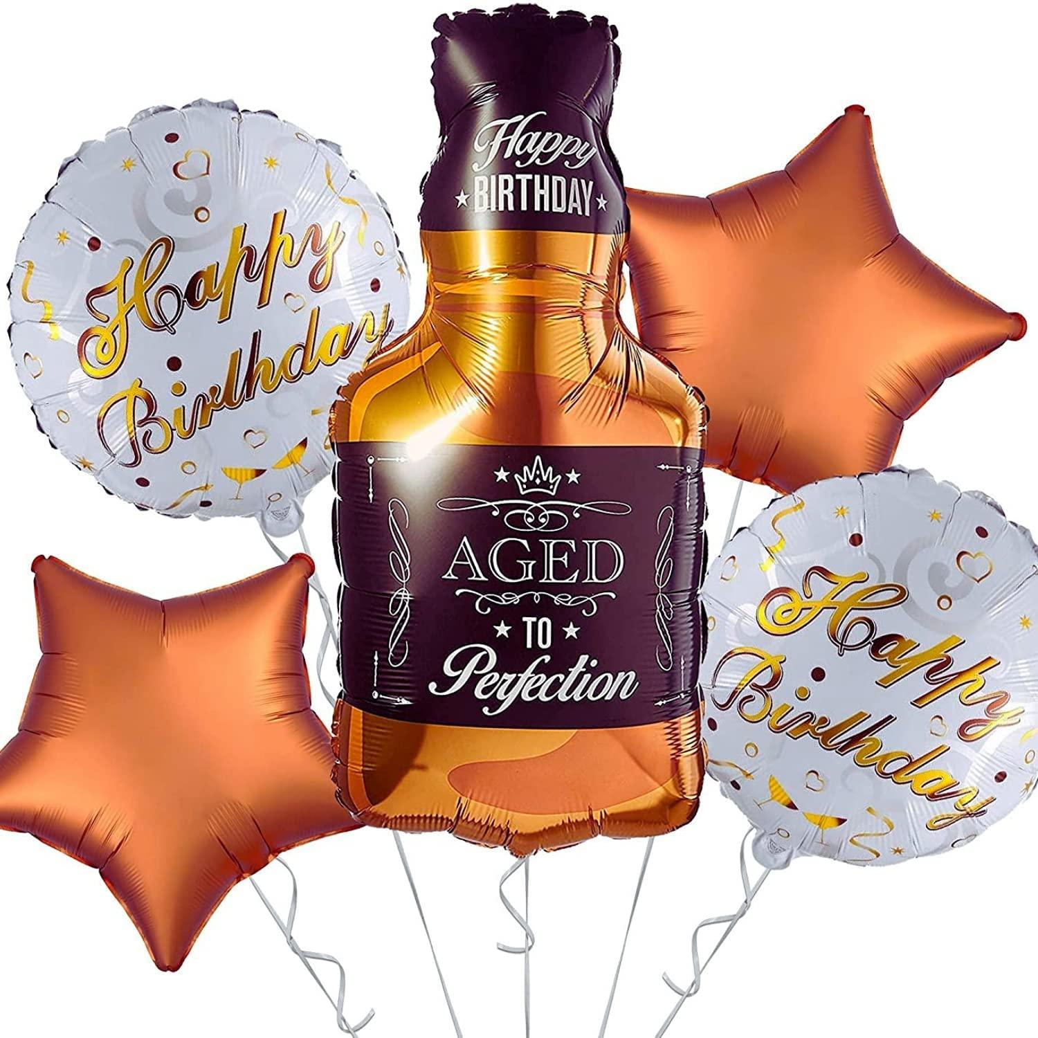 Whiskey Bottle Super Shape Foil Balloon with Star Balloons Golden and Black Pack of 5 Pcs - The Party Store