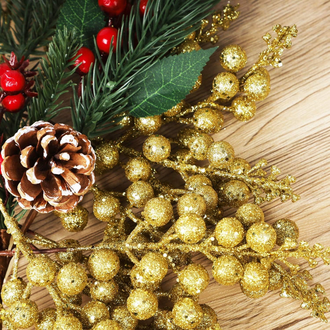 Gold Berry Picks for Christmas Tree Glitter Berry Stems for Christmas Trees Holiday Home Decor set of 12 pcs