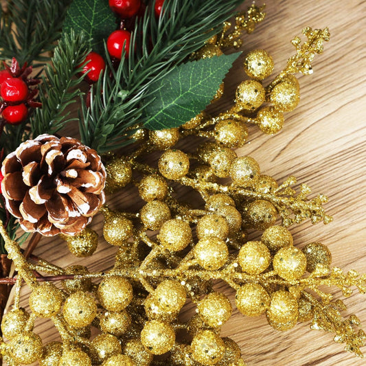 Gold Berry Picks for Christmas Tree Glitter Berry Stems for Christmas Trees Holiday Home Decor set of 12 pcs