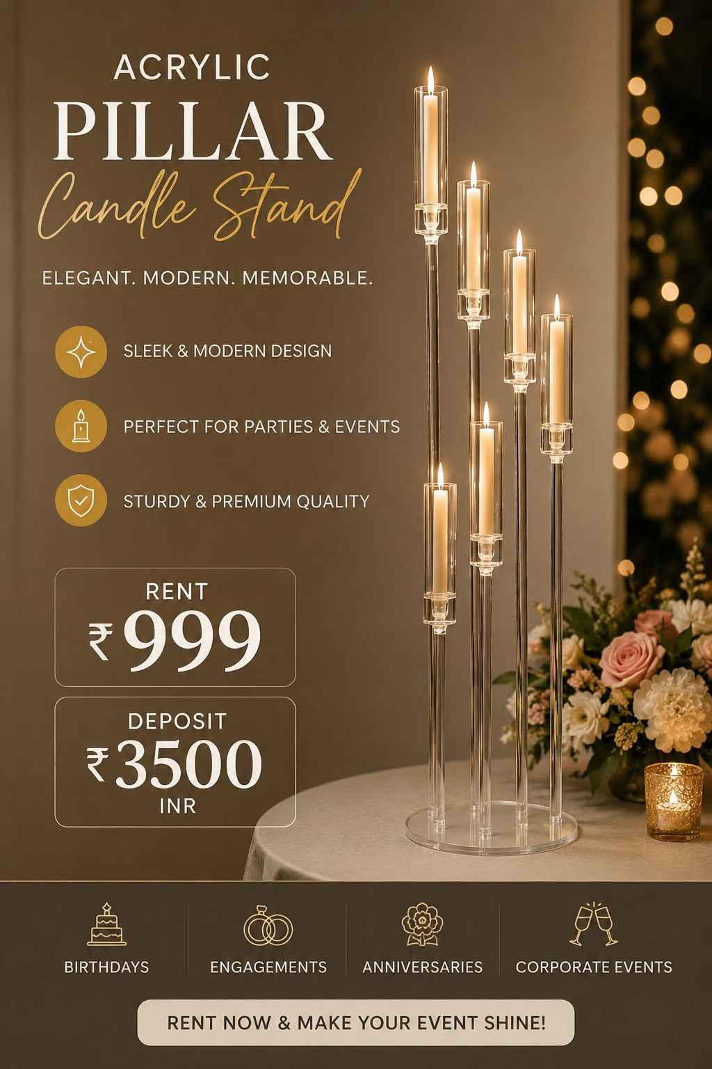 Acrylic Pillar Candle Stand Rental in Gurgaon