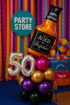 Milestone Birthday Balloon Bouquet with Aged to Perfection Bottle &amp; Number Balloons | Party Store