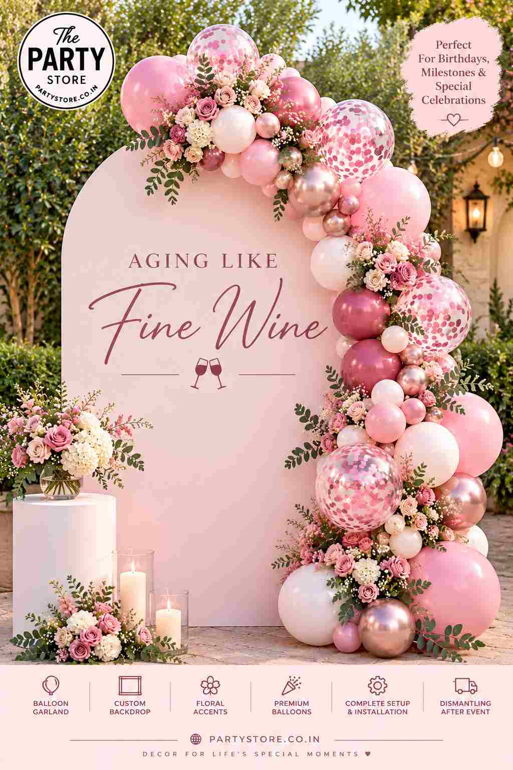 Aging Like Fine Wine Birthday Decoration with Balloons &amp; Flowers | The Party Store