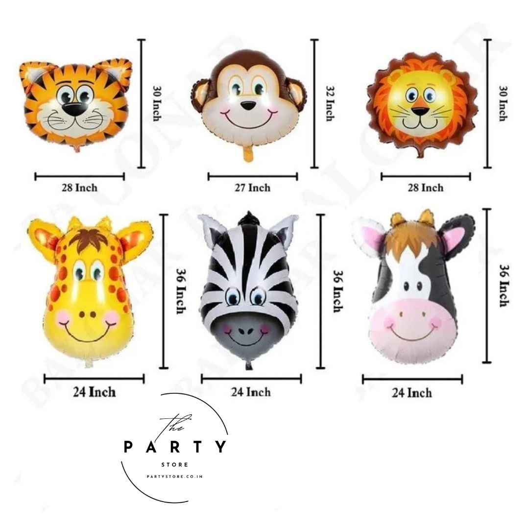 Animal Face Jungle Theme Foil Balloon - Pack of 6Pcs