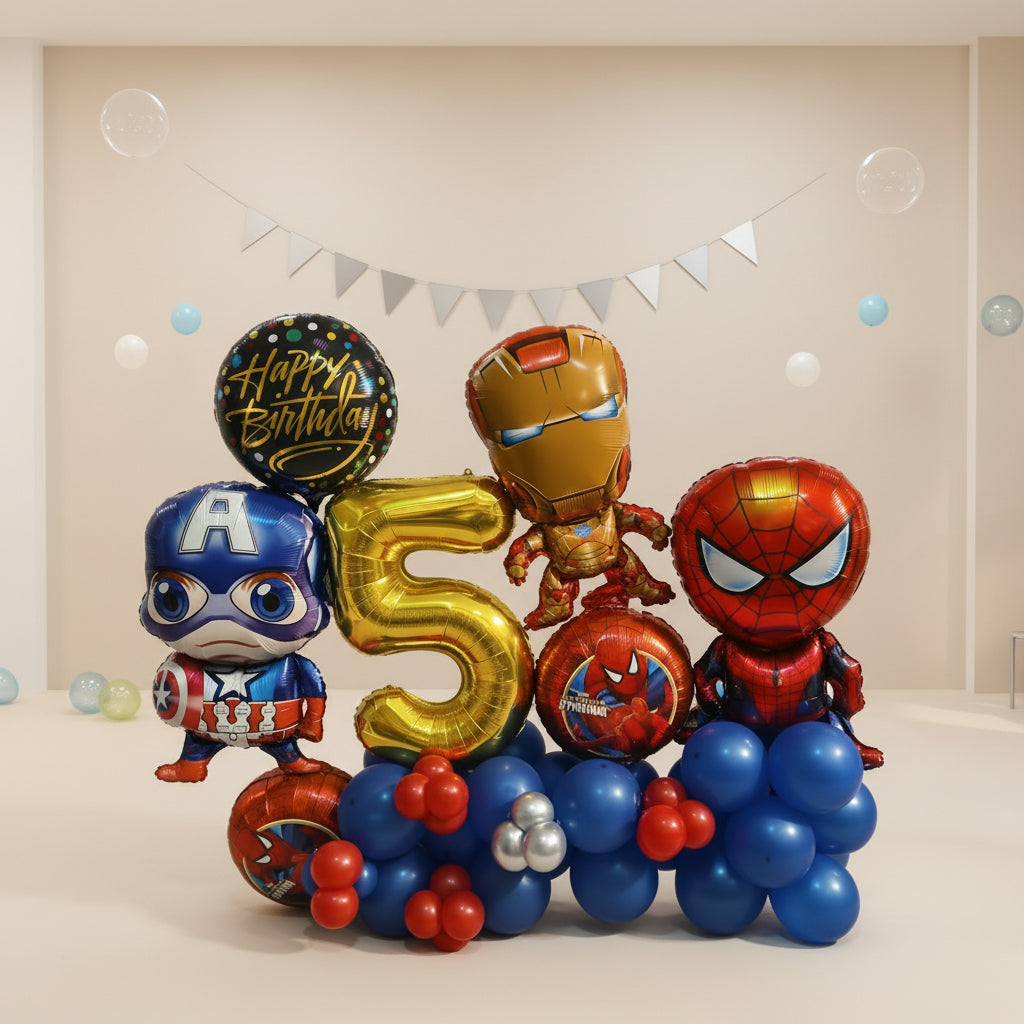 birthday balloon decoration set featuring Marvel characters, including Captain America, Iron Man, Spider-Man, and a large gold number 5 balloon, arranged with blue, red, and gold balloons in a retail store setting.