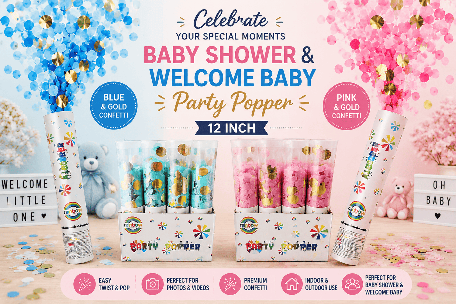 Blue &amp; Pink Confetti Party Poppers for Baby Shower &amp; Welcome Baby | The Party Store