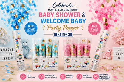 Blue &amp; Pink Confetti Party Poppers for Baby Shower &amp; Welcome Baby | The Party Store