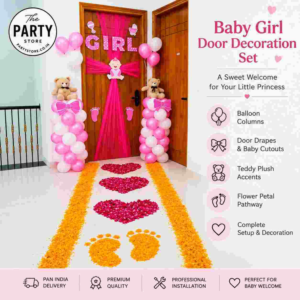 Baby Welcome Door Decoration with Balloons, Teddy Bears &amp; Flower Petal Pathway