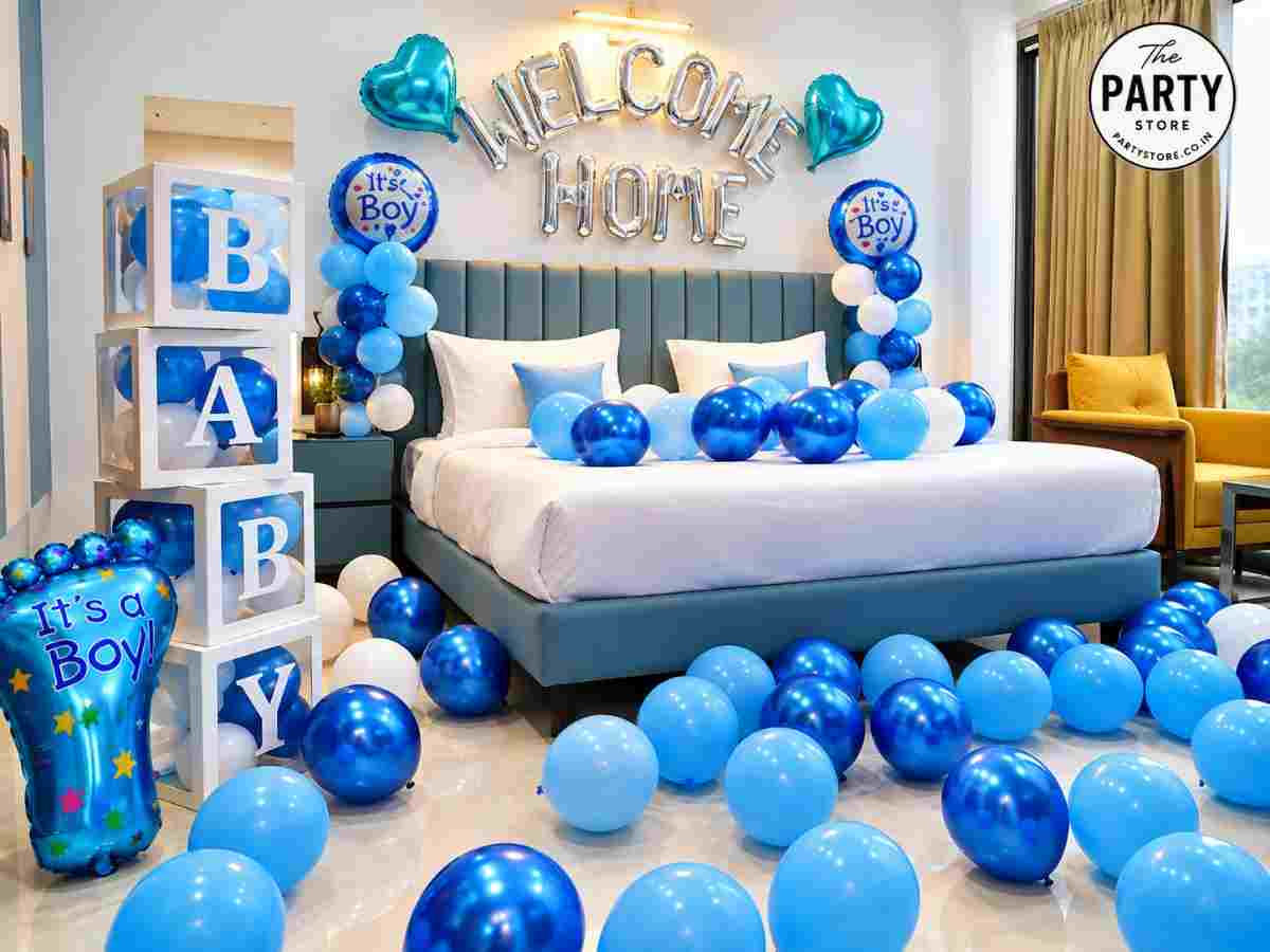 Baby Welcome Home Decoration with Blue Balloons &amp; Bedroom Decor | Party Store