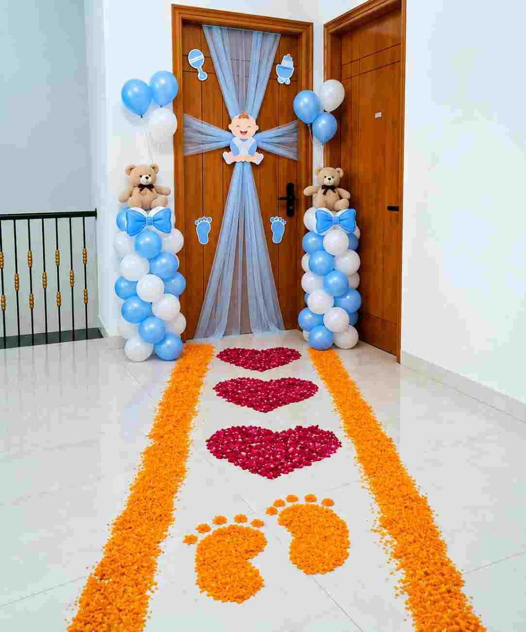 Baby Welcome Door Decoration with Balloons, Teddy Bears &amp; Flower Petal Pathway