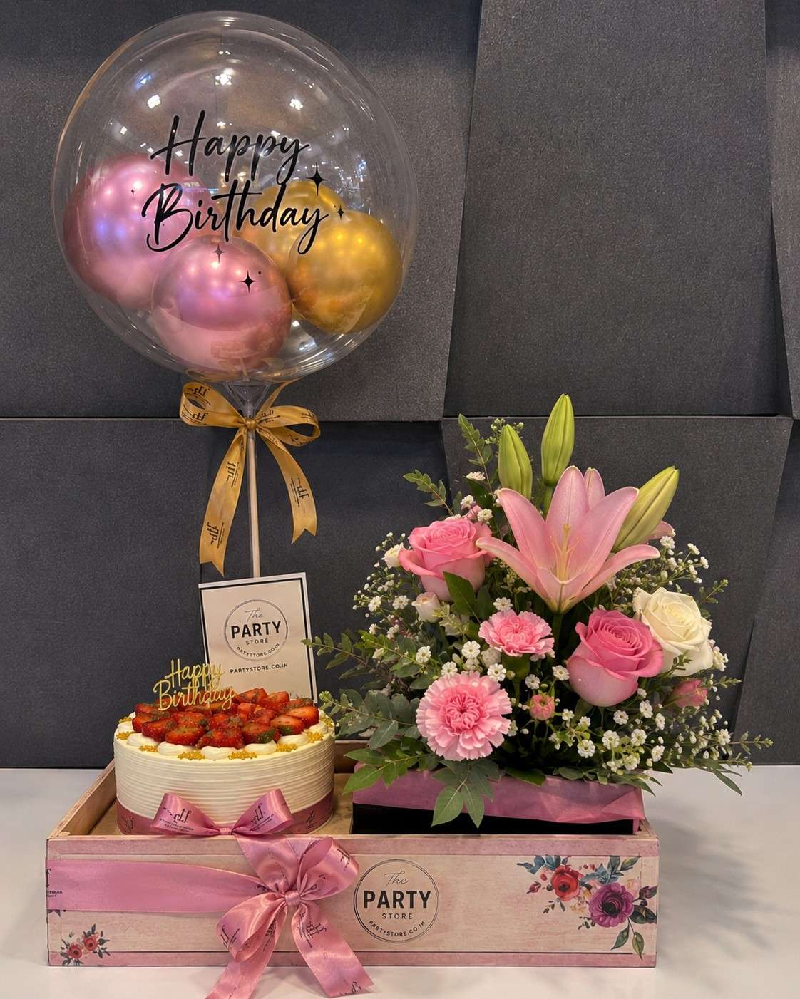 Birthday Flower Bouquet with Cake &amp; Bubble Balloon | The Party Store