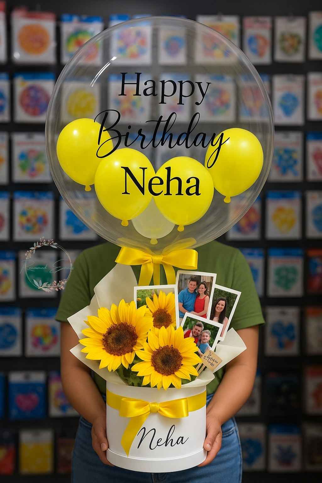 Personalized birthday gift featuring a balloon bouquet with custom photos and sunflower arrangement in a decorative gift box.